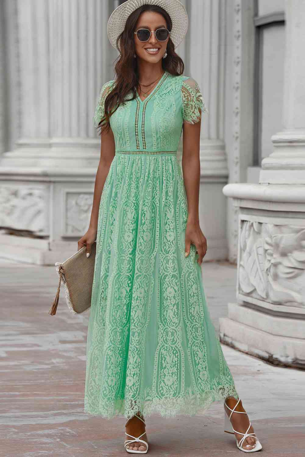 Scalloped Trim Lace Plunge Dress Mid Green S 