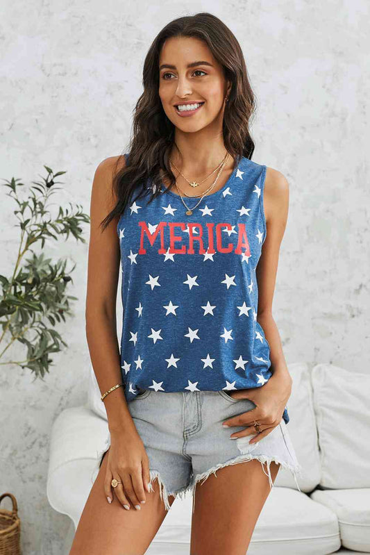 Star Print Round Neck Tank Dusty  Blue S 