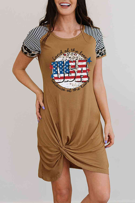 USA Star and Stripe Graphic Twisted Dress Tan S 