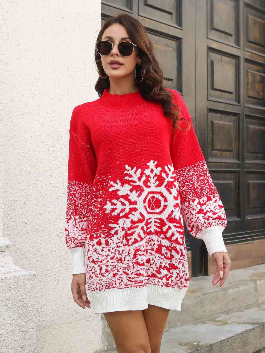 Snowflake Pattern Sweater Dress Red S 