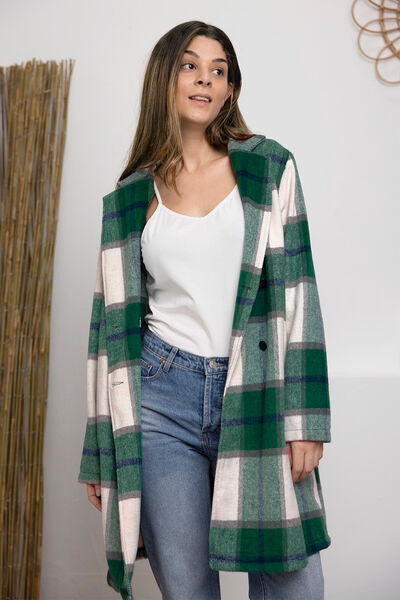 Double Take Full Size Plaid Button Up Lapel Collar Coat Green S 