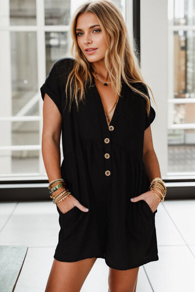 Pocketed V-Neck Short Sleeve Romper Black S 