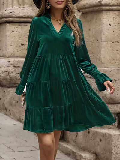 Notched Long Sleeve Tiered Dress   