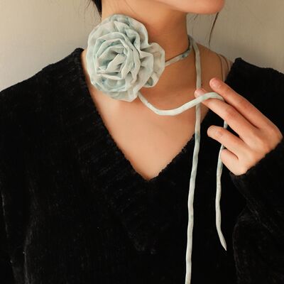 Camellia Flower Tie Choker Necklace Pastel  Blue One Size 