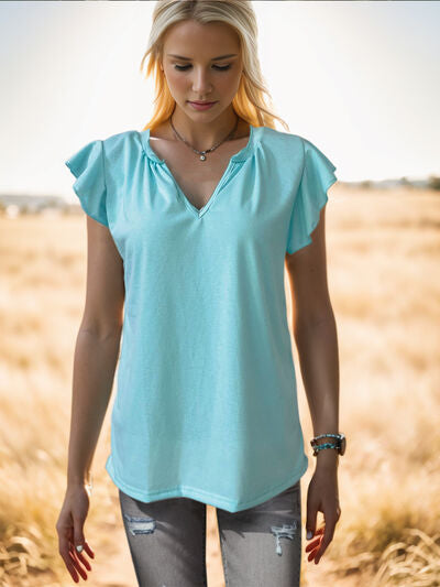 Ruffled Notched Cap Sleeve Tank Mint Blue S 