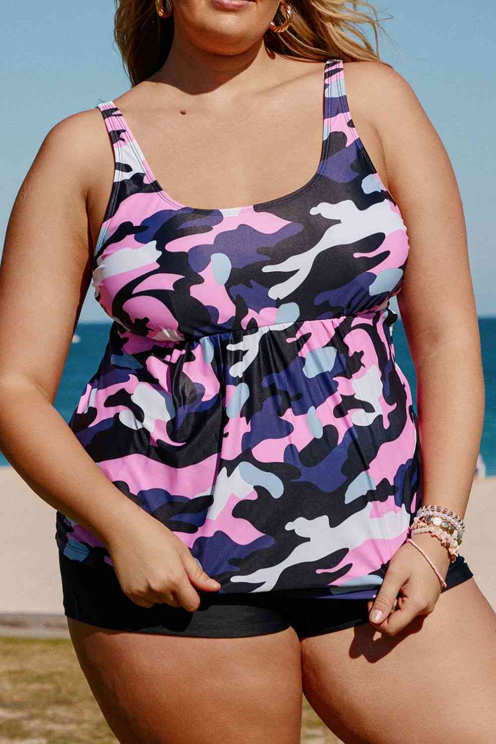 Plus Size Camouflage Peplum Two-Piece Tankini Set   