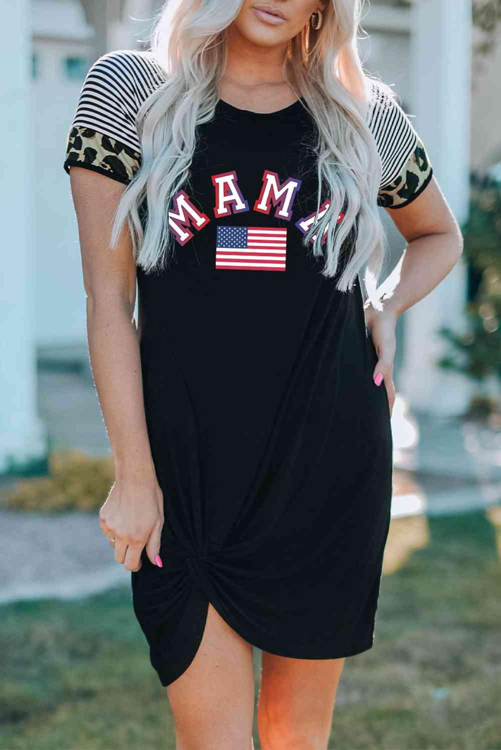 MAMA US Flag Graphic Twisted Dress Black S 