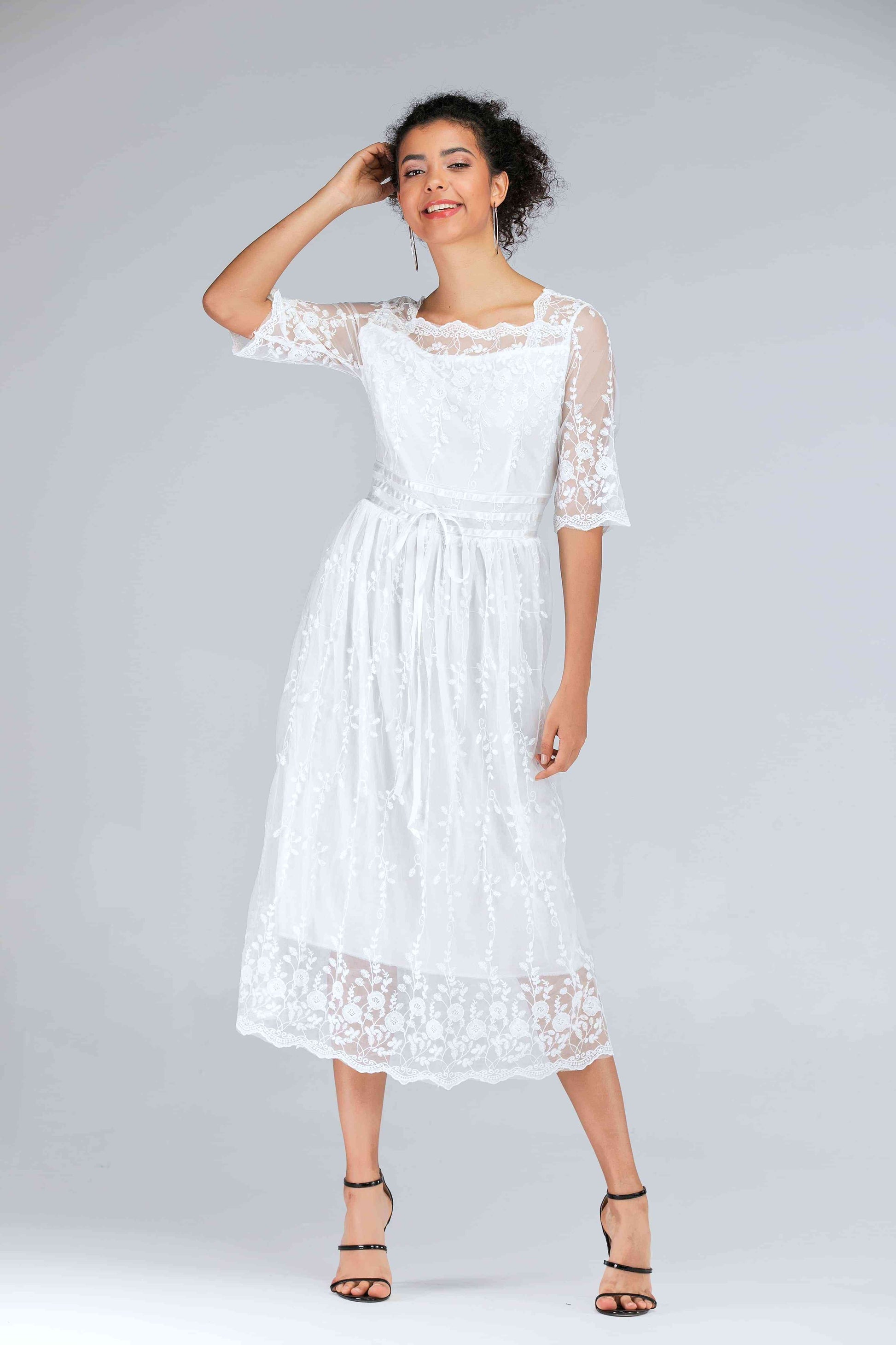 Scalloped Lace Half Sleeve Midi Dress White S 