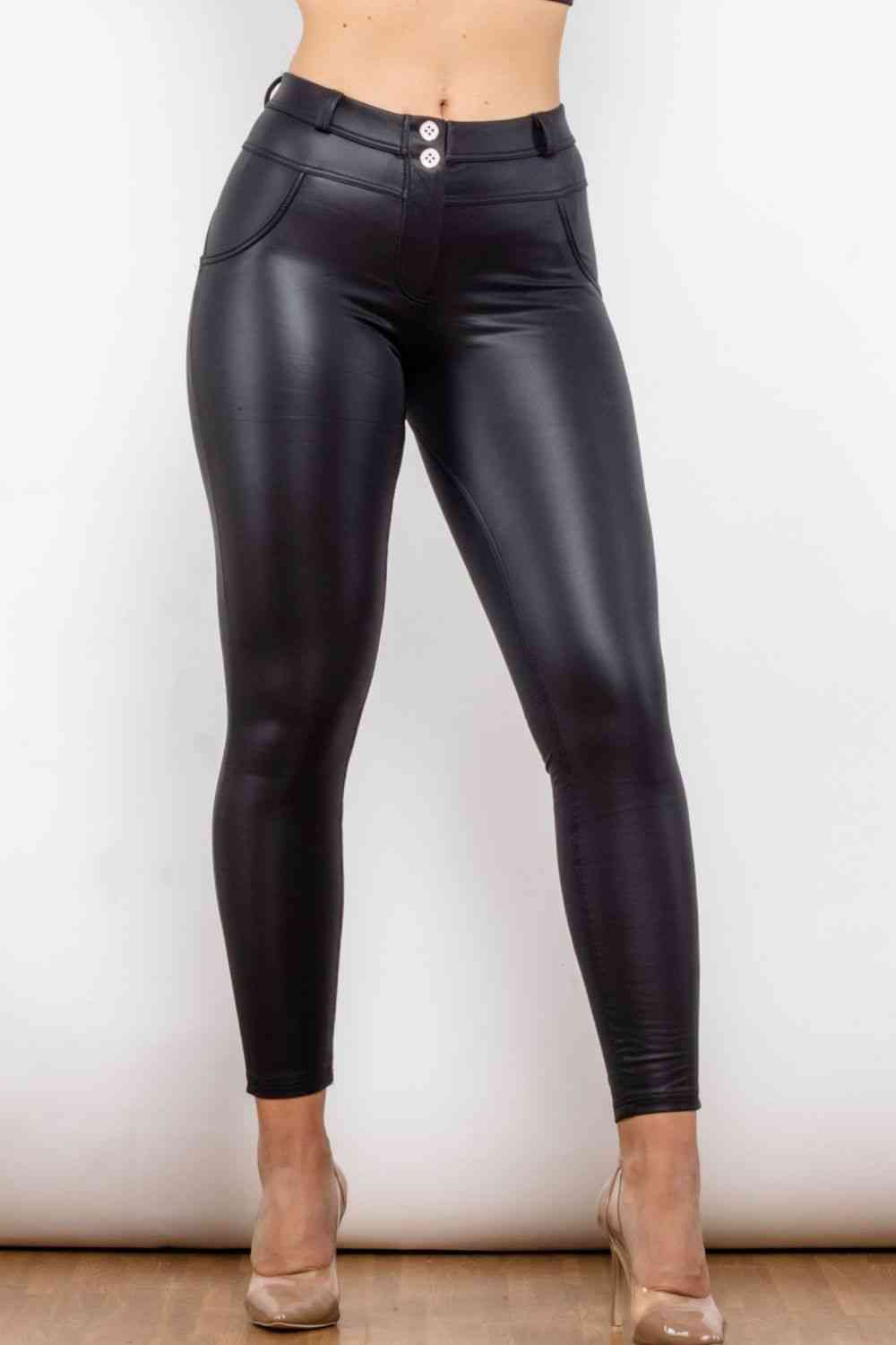 Full Size PU Leather Buttoned Leggings Black XS 