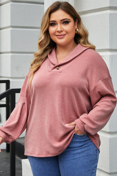 Plus Size Dropped Shoulder Collared Neck T-Shirt   