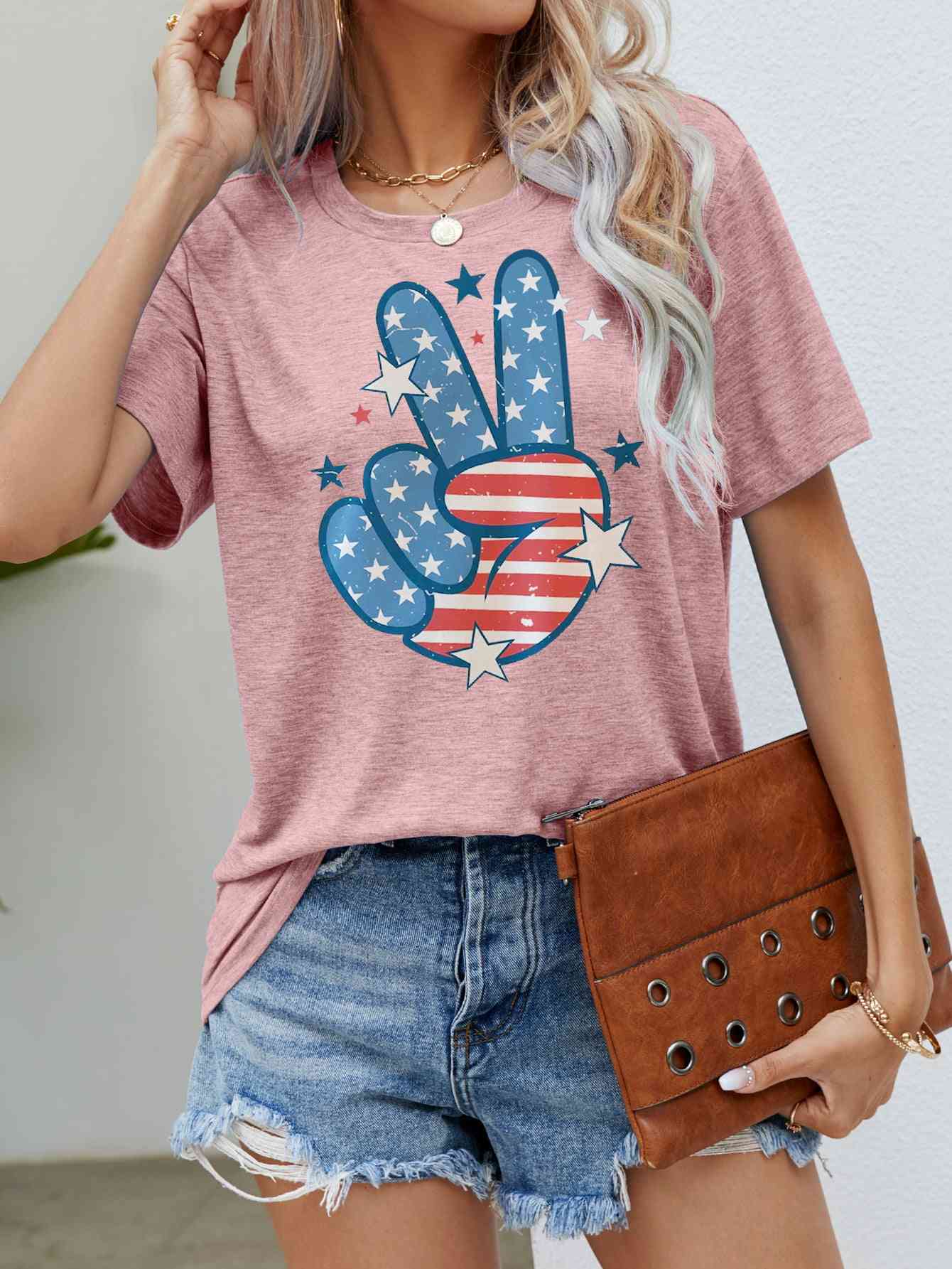 US Flag Peace Sign Hand Graphic Tee Blush Pink S 