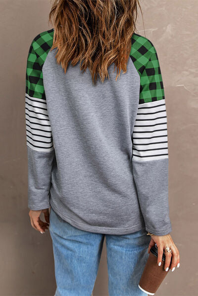 Sequin Plaid Round Neck Sweatshirt   