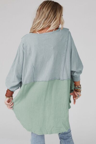 Contrast Texture Round Neck Long Sleeve Blouse   