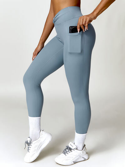 Twisted High Waist Active Pants with Pockets Misty  Blue S 