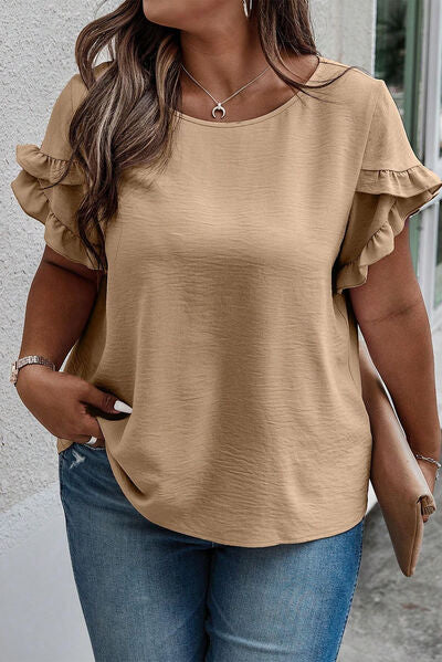 Plus Size Ruffled Petal Sleeve Round Neck T-Shirt Tan 1XL 