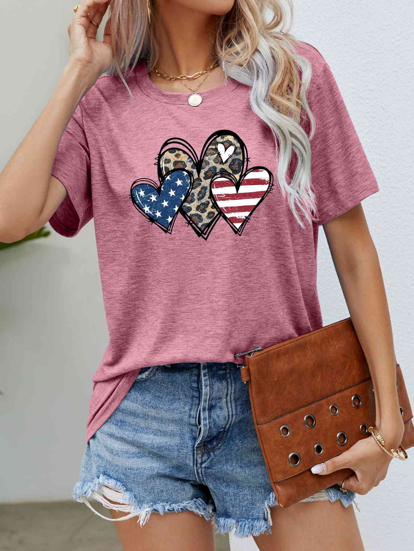US Flag Leopard Heart Graphic Tee Dusty Pink S 