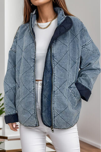 Pocketed Zip Up Dropped Shoulder Denim Jacket Dusty  Blue S 