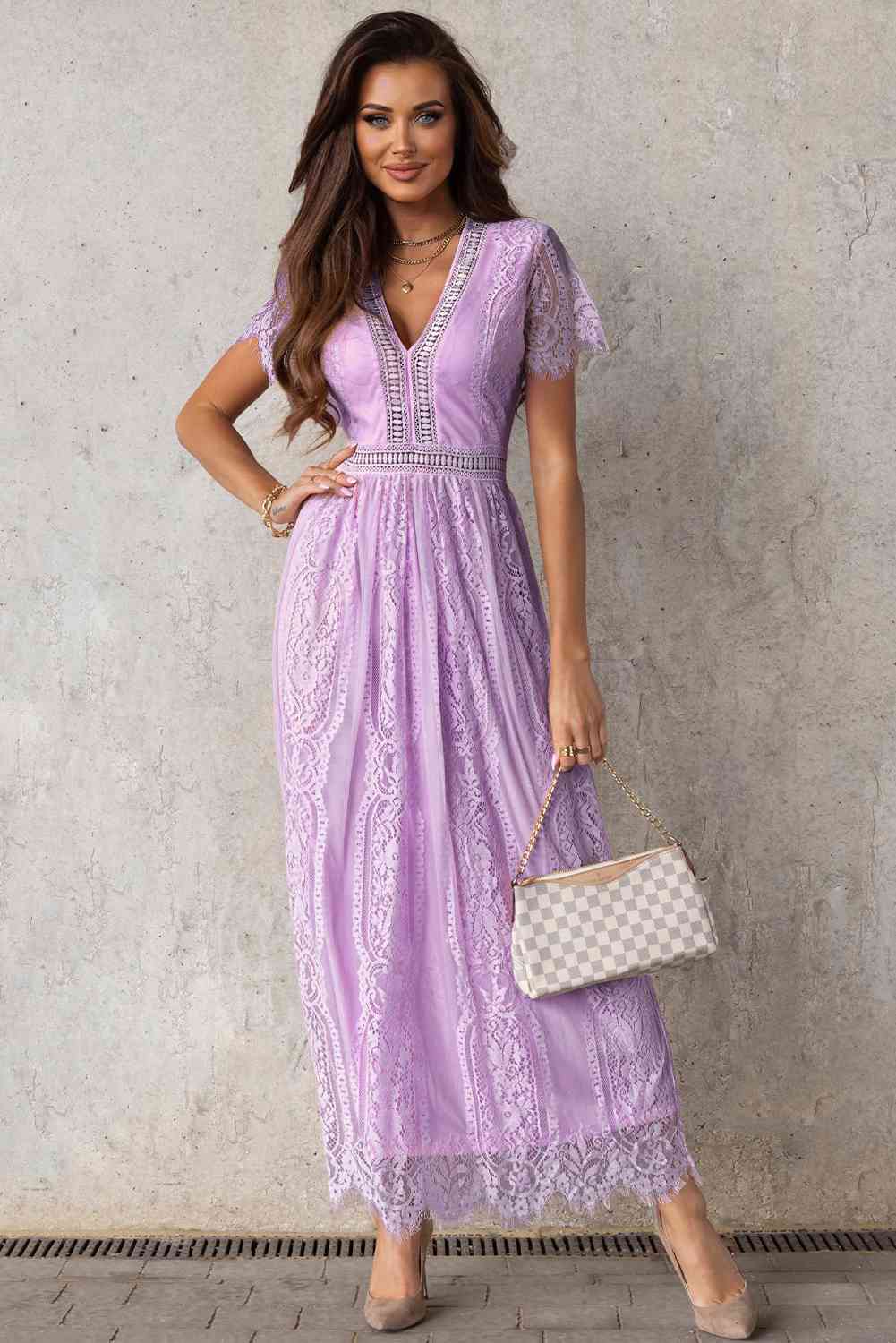 Scalloped Trim Lace Plunge Dress Lavender S 