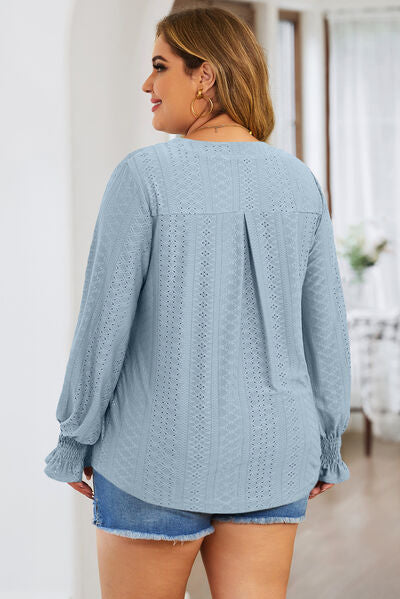 Plus Size Eyelet Notched Flounce Sleeve Blouse   