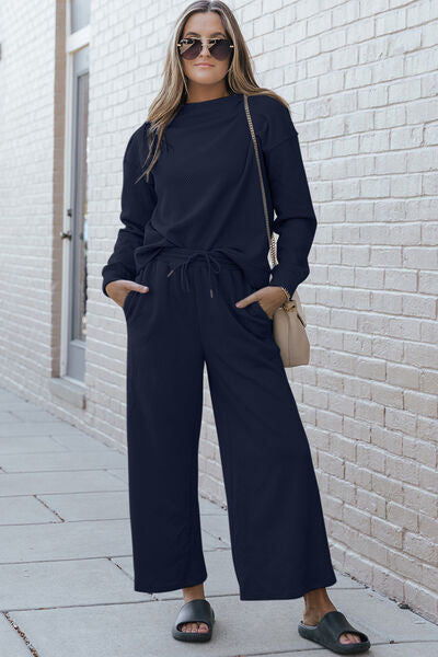 Double Take Full Size Textured Long Sleeve Top and Drawstring Pants Set Navy S 