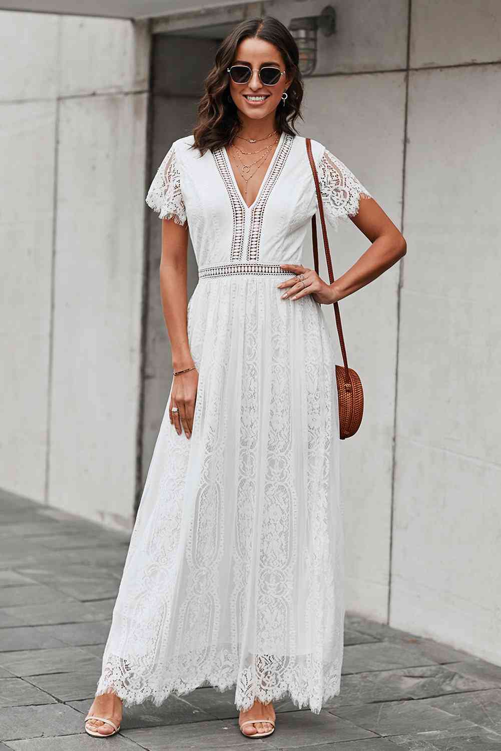 Scalloped Trim Lace Plunge Dress White S 
