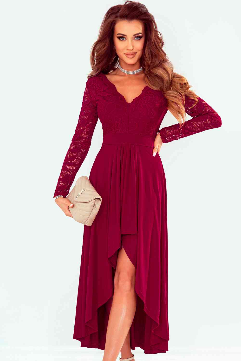 Lace High-Low V-Neck Dress Red S 