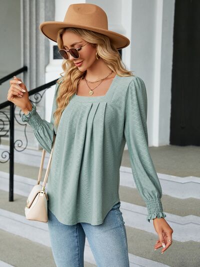 Ruched Square Neck Lantern Sleeve Blouse   