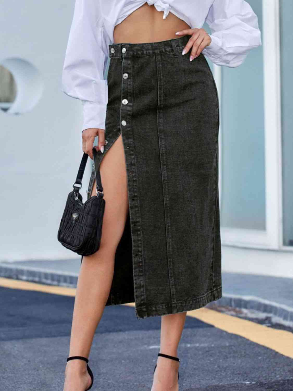 Button Down Denim Skirt Black XS 