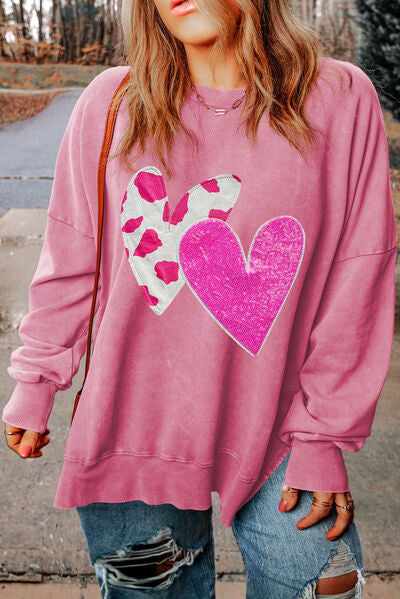Plus Size Heart Sequin Round Neck Sweatshirt Dusty Pink 1XL 