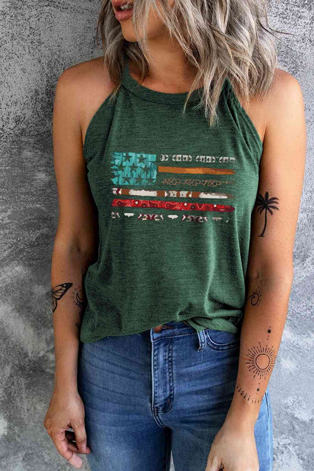US Flag Graphic Round Neck Tank Black Forest S 
