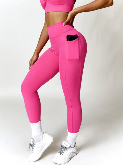 Ruched Pocketed High Waist Active Leggings Hot Pink S 
