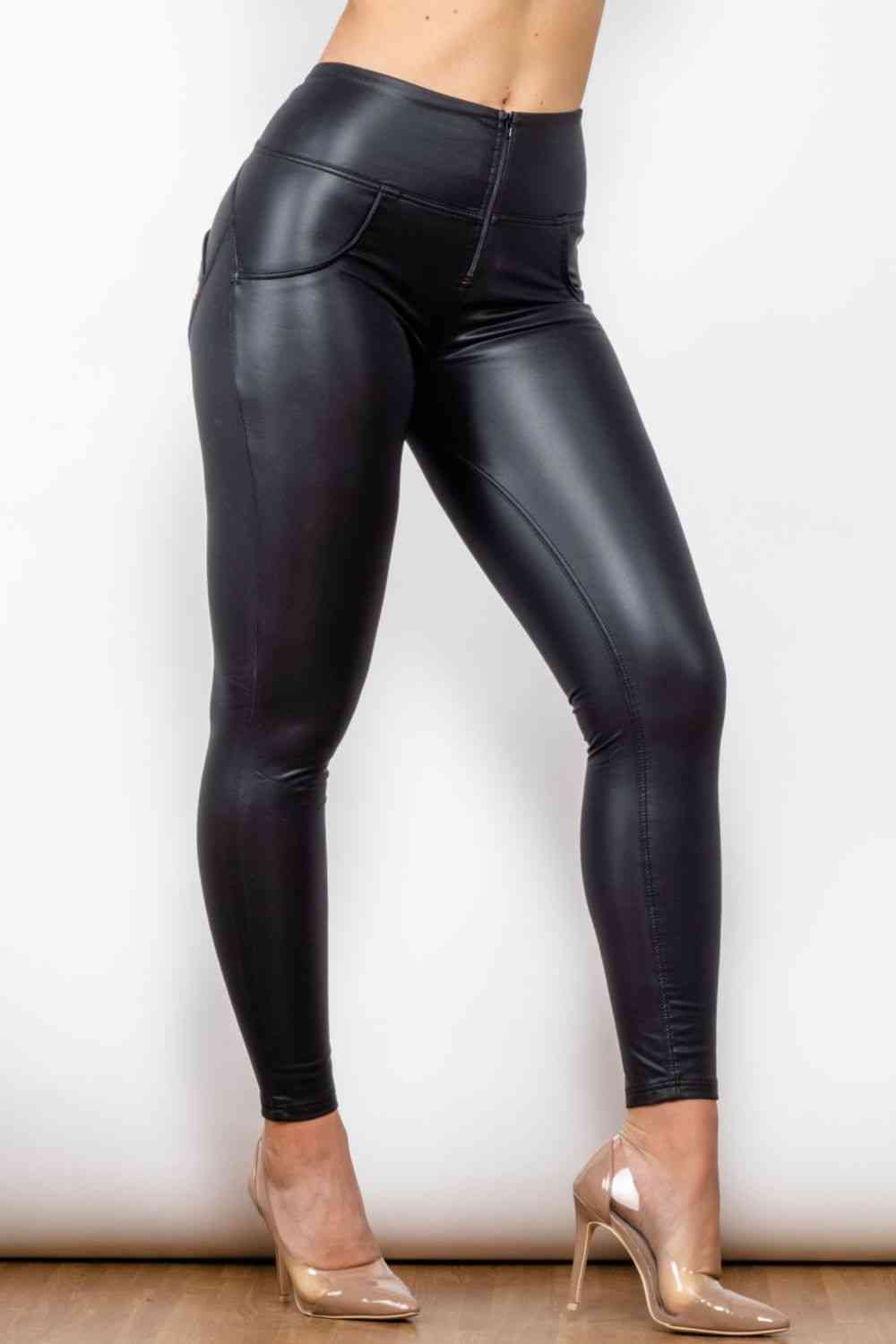 Full Size PU Leather Zip Detail Leggings Black XS 