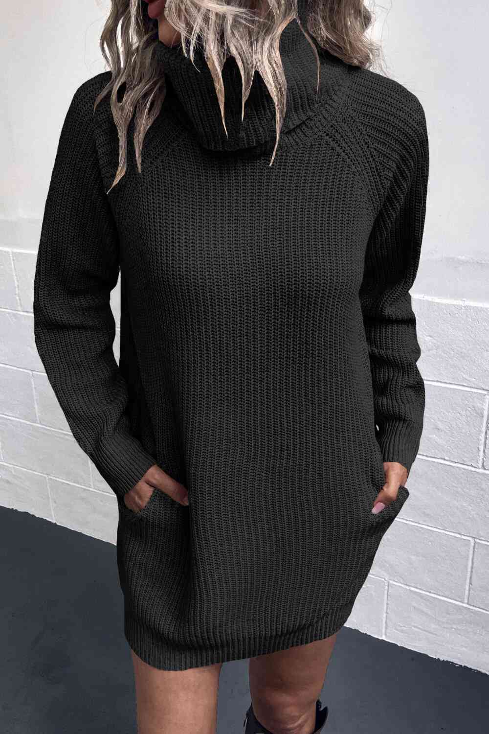 Turtleneck Sweater Dress with Pockets Black S 