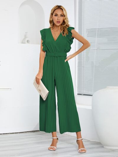 Ruffled Surplice Cap Sleeve Jumpsuit   