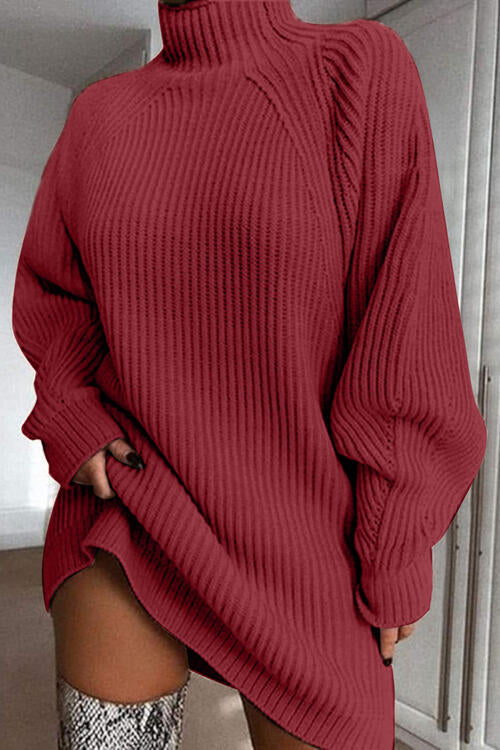 Mock Neck Dropped Shoulder Sweater Dress Deep Red S 