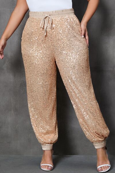 Plus Size Sequin Drawstring Joggers with Pockets Beige 1XL 