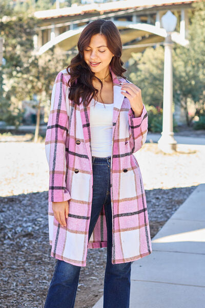 Double Take Full Size Plaid Button Up Lapel Collar Coat Carnation Pink S 
