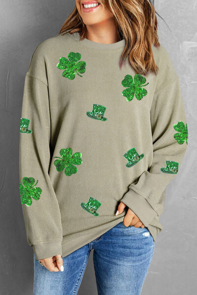 St. Patrick's Day Lucky Clover Sequin Round Neck Sweatshirt Sage S 