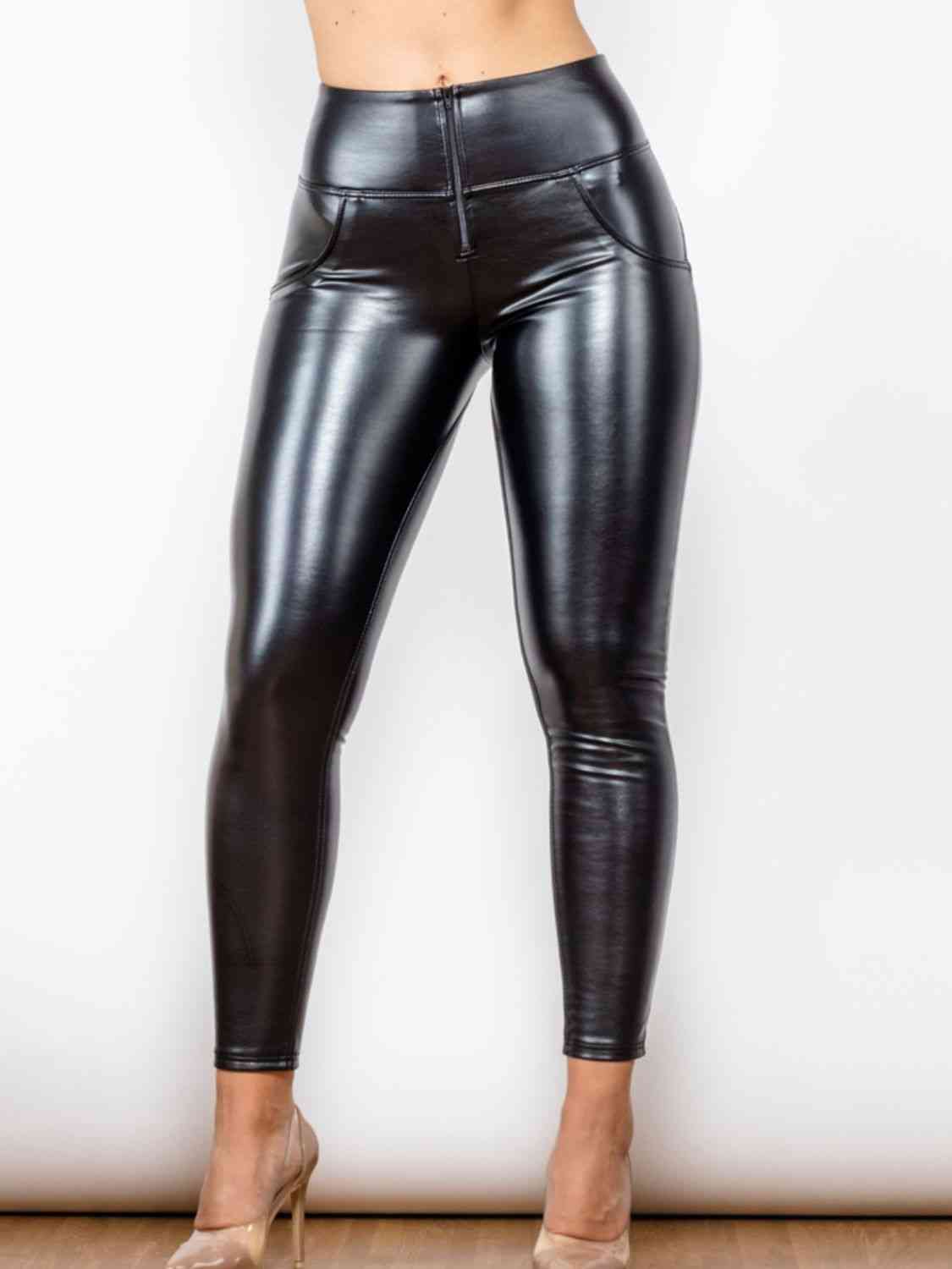 Glossy PU Leather Long Pants Black XS 