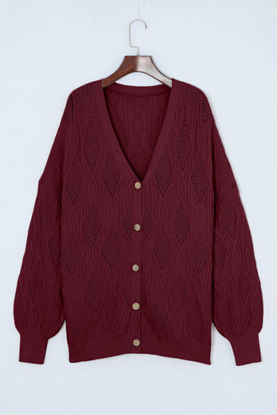 Plus Size Cable-Knit Button Up Sweater Wine 1XL 