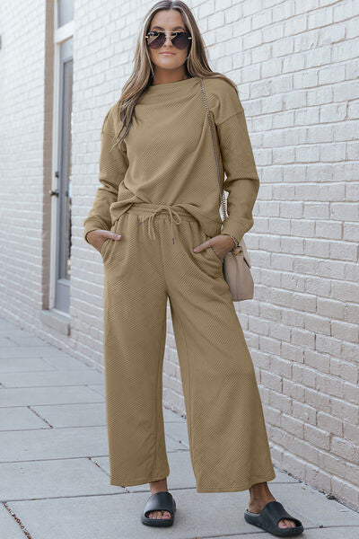 Double Take Full Size Textured Long Sleeve Top and Drawstring Pants Set Tan S 