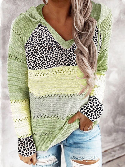 Full Size Openwork Leopard Drawstring Hooded Sweater Light Green S 