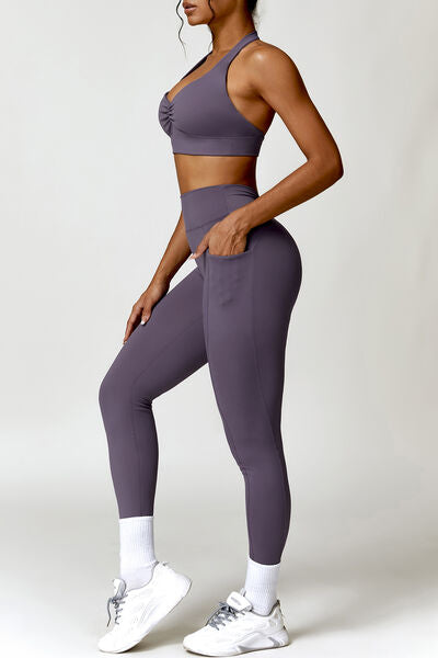 Ruched Halter Neck Bra and Pocketed Leggings Active Set Dusty Purple S 