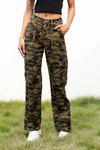 Camouflage Straight Leg Cargo Pants Green Camouflage S 