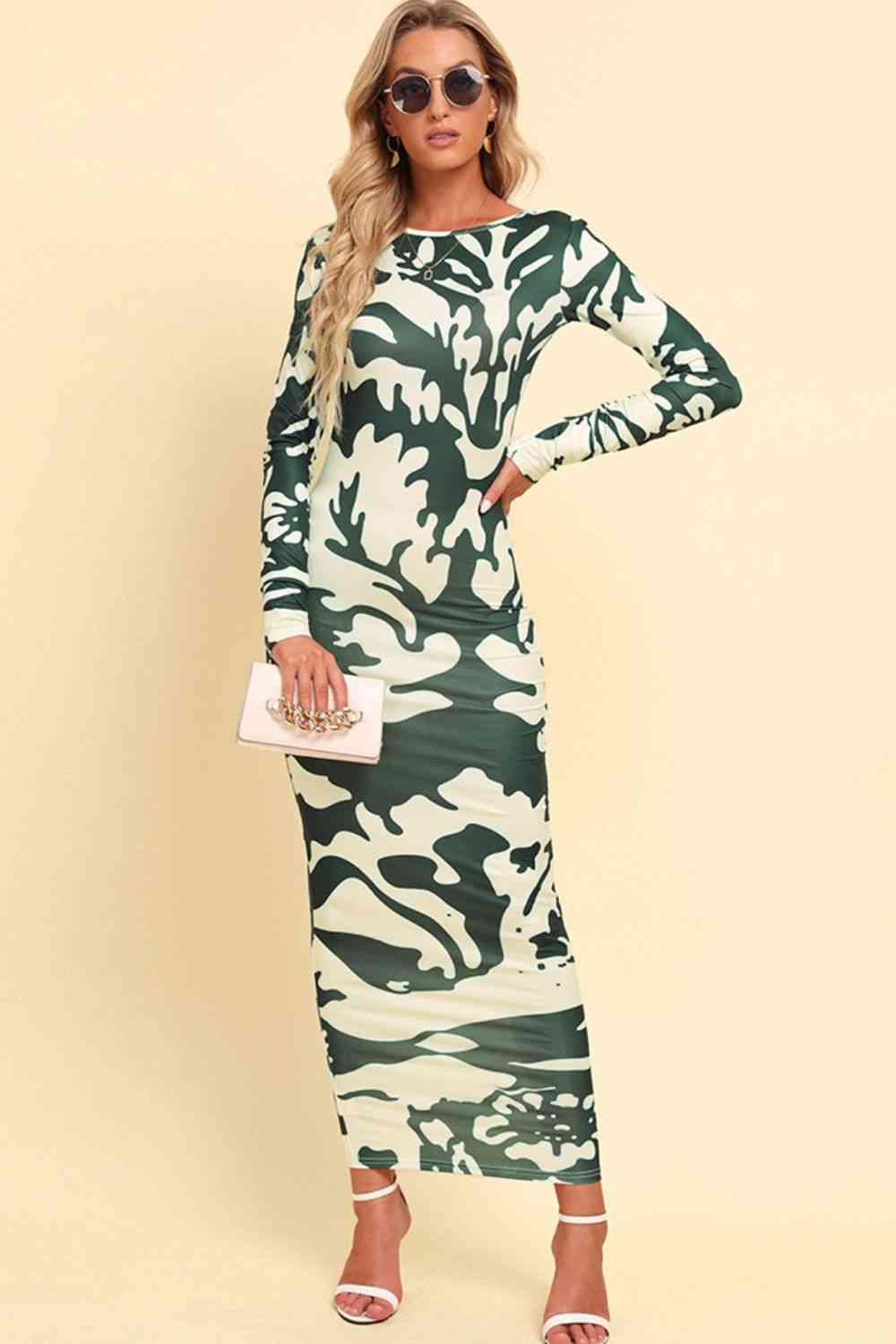 Printed Backless Long Sleeve Maxi Dress Green Camouflage S 