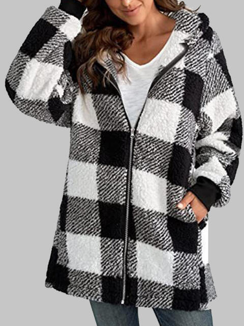 Plaid Zip-Up Hooded Jacket with Pockets Black S 
