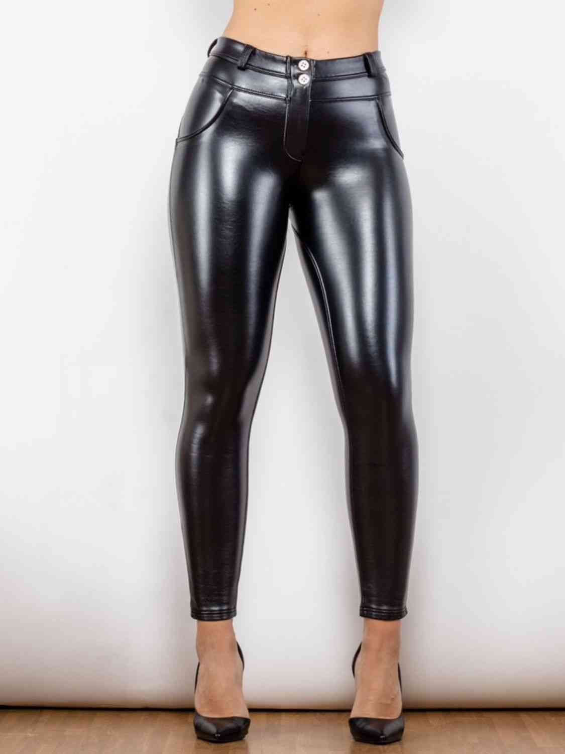 Glossy PU Leather Buttoned Long Pants Black XS 