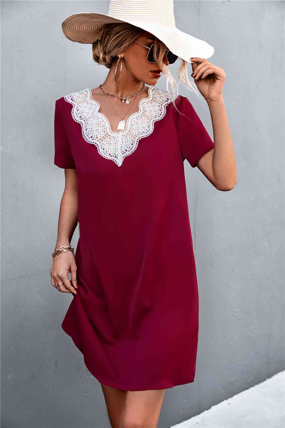 Spliced Lace Contrast Short Sleeve Dress Wine S 