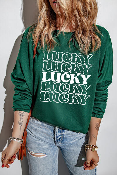 LUCKY Round Neck Dropped Shoulder Sweatshirt Green S 