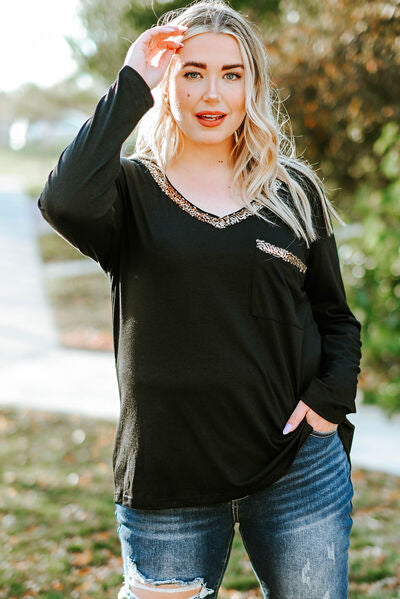 Plus Size Sequin V-Neck Long Sleeve T-Shirt Black 1XL 